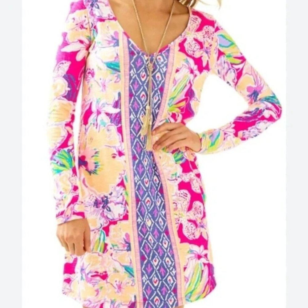Lilly Pulitzer  Paradis Swing Dress S Magenta Tipping‎ Point Long Sleeve Floral